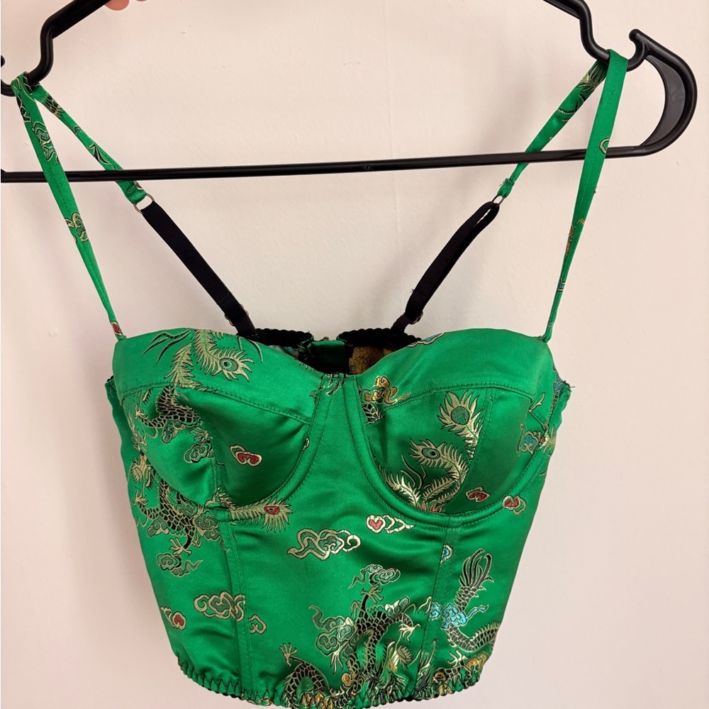 Superdry Green Satin Embroidered Corset Top / Bustier